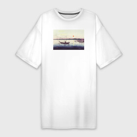 Платье-футболка хлопок с принтом Boats and Setting Sun (Лодки на закате) в Курске,  |  | japan | бухта | винтаж | закат | залив | корабль | природа | япония | японская культура | японская эстетика | японский | японский стиль