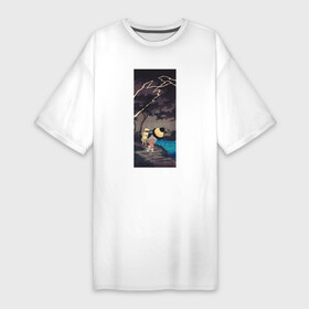 Платье-футболка хлопок с принтом Thunderstorm at Tateishi (Гроза) в Курске,  |  | japan | винтаж | горы | гроза | деревня | природа | япония | японская культура | японская эстетика | японский стиль