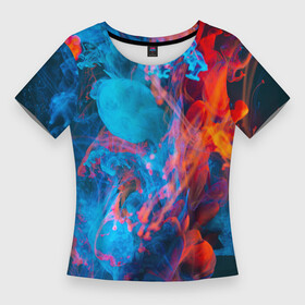 Женская футболка 3D Slim с принтом Красный и синий абстрактный дым в Курске,  |  | абстракция | дым | краски | красный | синий | цвета