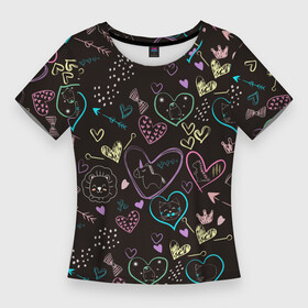 Женская футболка 3D Slim с принтом Паттерн милые животные и сердечки в Курске,  |  | Тематика изображения на принте: дракон | единорог | корона | кот | котик | кошка | лев | львенок | паттерн | пингвин | сердце