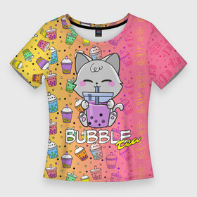 Женская футболка 3D Slim с принтом Bubble Tea  Бабл Ти в Курске,  |  | boba tea | bubble tea | girls | kids | milk tea | бабл ти | боба чай | девочкам | молочный чай