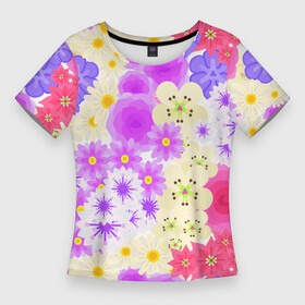 Женская футболка 3D Slim с принтом ЦВЕТОЧНАЯ МОЗАИКА  РОМАШКИ, РОЗЫ, ПЕТУНЬИ в Курске,  |  | петуньи | разноцветный | розы | ромашки | цветочный узор | цветы
