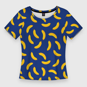 Женская футболка 3D Slim с принтом Banana style Банана стайл, веселый банановый паттерн на синем фоне в Курске,  |  | банан | бананы | веганы | вегетаринцы | желтый | плоский стиль | синий | текстура | тропики | фруктовый | фрукты | хаотичный