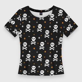 Женская футболка 3D Slim с принтом Черепа и кости, паттерн в Курске,  |  | детский | дудл | звезды | кости | паттерн | пират | пиратский | скрещенные | хэллоуин | человеческие | черепа | черный