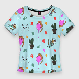Женская футболка 3D Slim с принтом ИГРИВЫЕ КОТЯТА в Курске,  |  | Тематика изображения на принте: воздушный шарик | детские картинки | животное | кактус | космический скафандр | лапы