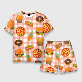 Мужской костюм с шортами 3D с принтом PIZZA DONUT BURGER FRIES ICE CREAM pattern в Курске,  |  | бургер | мороженое | пицца | пончик | текстура | фон | фри