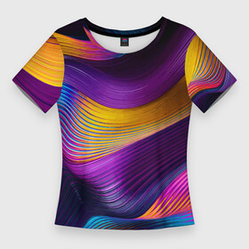 Женская футболка 3D Slim с принтом Абстрактная волновая композиция  Неоновые полосы  Abstract Wave Composition  Neon Stripes в Курске,  |  | abstraction | color | composition | fashion | neon | streaks | wave | абстракция | волна | композиция | мода | неон | полосы | цвет