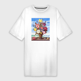Платье-футболка хлопок с принтом Bouquet of Flowers on a Ledge (Букет цветов) в Курске,  |  | букет | винтаж | горы | картина | классика | пейзаж | природа | ракушка | роза | цветы