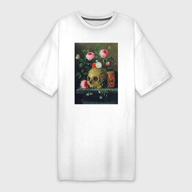 Платье-футболка хлопок с принтом Vanitas Still Life (Череп и цветы) в Курске,  |  | букет | винтаж | живопись | картина | классика | пейзаж | природа | роза | скелет | цветочный | цветы | череп