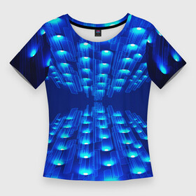 Женская футболка 3D Slim с принтом GLOWING SPOTLIGHTS в Курске,  |  | абстракция | блеск | блестящий | луч | освещение | освещенный | прожектор | пространство | свет | светящийся | свечение | синий | темнота | фон | черный | эффект | яркий