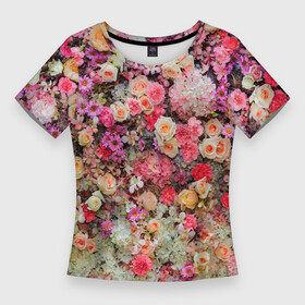 Женская футболка 3D Slim с принтом MILLION MULTICOLORED FLOWERS в Курске,  |  | Тематика изображения на принте: абстрактный | гвоздики | желтый | красный | разноцветный | розы | фон