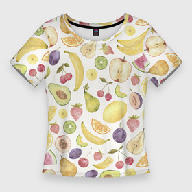 Женская футболка 3D Slim с принтом Ассорти Ягод и Фруктов в Курске,  |  | fruits | lemons | oranges | summer | апельсины | арбуз | бананы | вишня | груши | киви | лето | лимоны | сливы | фрукты | яблоки