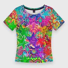 Женская футболка 3D Slim с принтом COLOR STARFALL в Курске,  |  | Тематика изображения на принте: абстракция | желтый | звездопад | звезды | космос | красиво | минимализм | узор | фиолетовый | фон | цвета