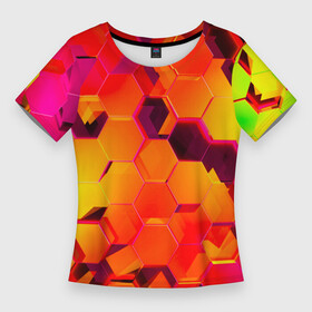 Женская футболка 3D Slim с принтом НЕОНОВЫЕ ГРАДИЕНТНЫЕ 3D гексаэдры в Курске,  |  | 3d | 3d неон | 3д | 3д неон | 3д неон желтый | 3д неон оранжевый | броня | желтые принты | киберброня | киберпанк | киберпанк броня | красочные принты | латние принты | неон | неоновые принты