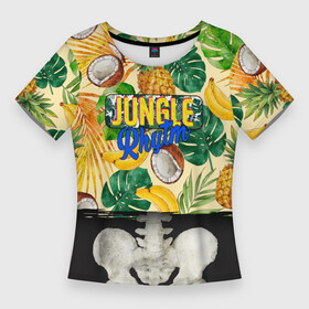 Женская футболка 3D Slim с принтом Тропики Ритм Джунглей  Ананасы Кокосы Бананы в Курске,  |  | banana | coconut | jungle | palm | pina colada | pineapple | rhythm | rhytm | rytm | skeleton | summer | welcome to the jungle | банан | бананы | джунгли | листья пальмы | пальма | пипа колада | скелет | скелет человека | тропический рисунок | тропический