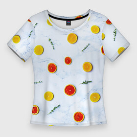Женская футболка 3D Slim с принтом Дольки апельсина и грейпфрута в Курске,  |  | апельсин | веточка | веточки | грейпфрут | дольки | еда | новый год | праздник | свежесть | фруктовый | фрукты | цитрусовый | цитрусы