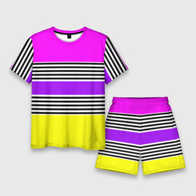 Мужской костюм с шортами 3D с принтом Яркие неоновые полосы в сочетании с черно белыми полосками. в Курске,  |  | neon stripes | stripes | желтый неоновый | неоноые полосы | полосаты узор | розовый неоновый