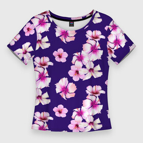 Женская футболка 3D Slim с принтом Цветы Розовые Гибискус На Синем Фоне в Курске,  |  | flowers | букет | гибискус | природа | растение | розовый | синий | флора | цветы