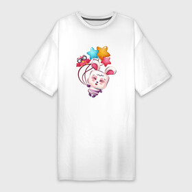 Платье-футболка хлопок с принтом Радостный зайка с шариками в Курске,  |  | Тематика изображения на принте: день рождения | зайка | зайчик | заяц | праздник | шарики