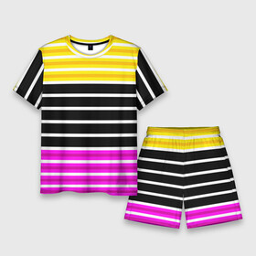 Мужской костюм с шортами 3D с принтом Желтые розовые и черные полосы на белом в Курске,  |  | black stripes | pink stripes | stripes | yellow | желтый | полосатый узор | розовый | черные полосы