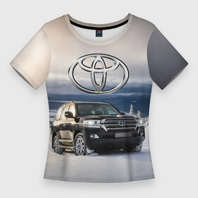 Женская футболка 3D Slim с принтом Toyota Land Cruiser 200 в зимнем лесу  Winter forest в Курске,  |  | car | forest | off road vehicle | snow | toyota | автомобиль | внедорожник | лес | снег | тойота