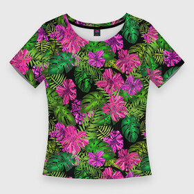 Женская футболка 3D Slim с принтом Тропические листья и цветы на черном фоне в Курске,  |  | tropics | tropics  plants | зеленый | листья | монстера | папоротник | розовый | тропические растения | цветы