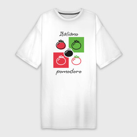 Платье-футболка хлопок с принтом Italiano Pomodoro, любовь к Италии, пицце и томатам в Курске,  |  | italiano | italy | line | pomodoro | simple | tomato | белый | геометрический | зеленый | италия | квадраты | красный | линеарный | плоский стиль | помидор | простой | томат