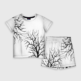 Детский костюм с шортами 3D с принтом Черные ветки деревьев на белом фоне в Курске,  |  | abstraction | black and white | tree branches | ветки | деревья | монохромный | черно белый