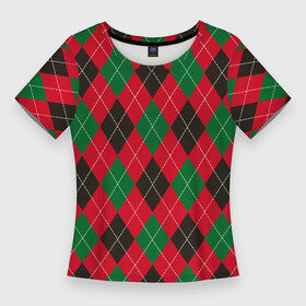 Женская футболка 3D Slim с принтом классический аргайл в Курске,  |  | argyle | english style | geometric figure | geometric pattern | geometry | harlequin | red | rhombuses | tartan | английский стиль | аргайл | арлекин | белый | геометрическая фигура | геометрический рисунок | геометрия | зеленый | классика | кра