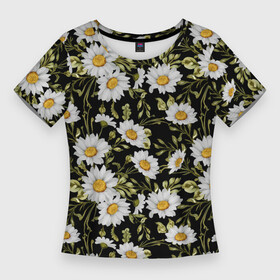 Женская футболка 3D Slim с принтом Ромашки белые цветы на темном фоне в Курске,  |  | chamomiles | белые цветы | ботаника | природа | ромашка | ромашки | ромашковый | цветочный | цветы