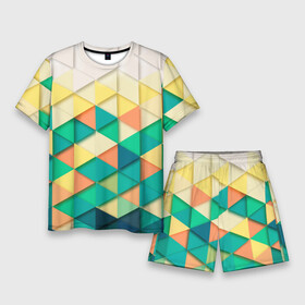Мужской костюм с шортами 3D с принтом Цветные объемные треугольники в Курске,  |  | геометрия | объемные | полигональный | полигоны | треугольники | цвета | цветные