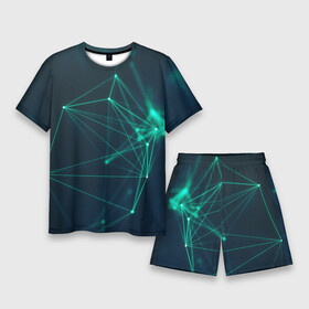 Мужской костюм с шортами 3D с принтом Зеленые абстрактные взаимосвязанные линии (нейроны) в Курске,  |  | абстракция | днк | зеленый | линии | полигон | черный