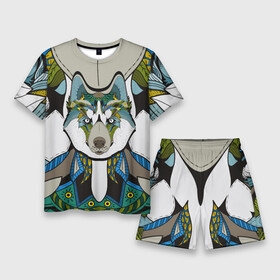 Мужской костюм с шортами 3D с принтом Волк и этномир в Курске,  |  | волк | голова волка | животное | узор | этника | этномир