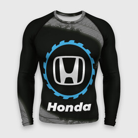 Мужской рашгард 3D с принтом Honda в стиле Top Gear со следами шин на фоне в Курске,  |  | Тематика изображения на принте: auto | brand | gear | honda | logo | symbol | top | авто | бренд | гир | лого | символ | следы | топ | хонда | шин | шины