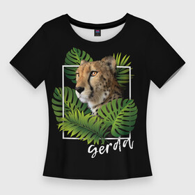 Женская футболка 3D Slim с принтом Девочка Gerda в Курске,  |  | gerda | гепард | имя | квадрат | кошка | листья | надпись | папоротник | хищник
