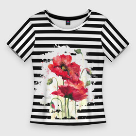 Женская футболка 3D Slim с принтом Red poppies Акварельные цветы в Курске,  |  | poppies | red poppies | watercolor | акварель | красные маки | маки | полосатый | черно белые полосы