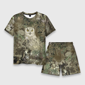 Мужской костюм с шортами 3D с принтом Сова на абстрактном коричневом фоне в Курске,  |  | Тематика изображения на принте: camo | olive | owl | камуфляж | коричневый | оливковый | птица | сова