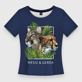 Женская футболка 3D Slim с принтом Messi  Gerda в Курске,  |  | гепард | герда | квадрат | кошки | листья | месси | надпись | папоротник | пума
