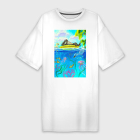 Платье-футболка хлопок с принтом Енот и утки на летнем отдыхе в Курске,  |  | водой | водоросли | енот | кораллы | круг | лето | медуза | море | океан | пальмы | плавательный | под | птица | рыбка | утка