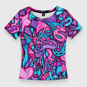 Женская футболка 3D Slim с принтом яркая абстракция голубой и розовый фон в Курске,  |  | abstraction | blue | bright | graffiti | heart | pencil drawing | pink | purple | skull | star | turquoise | абстракция | бирюзовый | граффити | звезда | рисунок карандашом | розовый | сердце | фиолетовый | череп | яркий