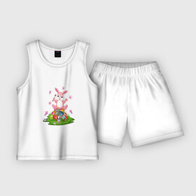 Детская пижама с шортами хлопок с принтом BUNNY PAINTS EGGS в Курске,  |  | великий | заяц | кисточка | краски | кролик | праздник | цветные | яйца