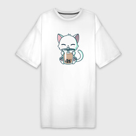 Платье-футболка хлопок с принтом Котик с бабл ти в Курске,  |  | bubble tea | бабл ти | кот | кот пьет чай | котенок | котик | котик с бабл ти | кошара | кошка | напиток | напиточек | чай