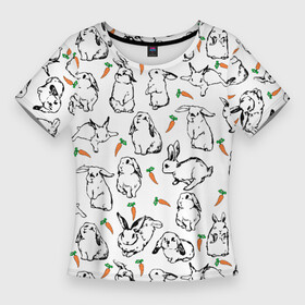 Женская футболка 3D Slim с принтом Зайцы с морковками в Курске,  |  | animals | eared | rabbits | small | summer | животные | зайки | зайцы | зайчики | кролики | лето | маленькие | морковки | резвятся | стая зайцев | стая кроликов | ушастые