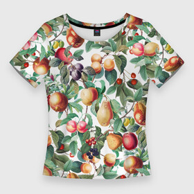 Женская футболка 3D Slim с принтом Летний Фруктовый Сад в Курске,  |  | fruits | summer | вишня | груши | киви | лето | сад | сливы | фрукты | яблоки