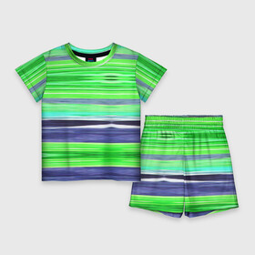 Детский костюм с шортами 3D с принтом Сине зеленые абстрактные полосы в Курске,  |  | green | stripes | абстрактные полосы | зеленый | полосатый узор | синий