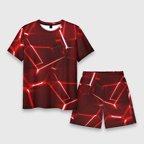 Мужской костюм с шортами 3D с принтом Red fault в Курске,  |  | Тематика изображения на принте: 3d плиты | абстракция | красная | красный | неон | плитка | разлом | текстура