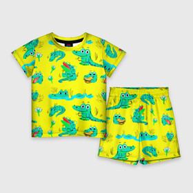 Детский костюм с шортами 3D с принтом GREEN CROCODILES в Курске,  |  | Тематика изображения на принте: аллигатор | дикая природа | желтый | животное | забавный | зеленый | крокодил | милый