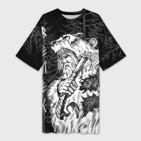 Платье-футболка 3D с принтом Велес славянский бог в Курске,  |  | ancient russian | battle axe | bear | bestial god | deity | forest | pagan | veles | warrior | боевой топор | божество | велес | воин | древнерусский | лес | медведь | скотский бог | языческий