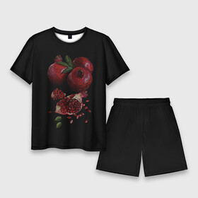 Мужской костюм с шортами 3D с принтом Сочные гранаты на черном фоне в Курске,  |  | гранат | зерна | зерно | лето | плод | сладкий | сочный гранат | спелый фрукт | урожай | фрукт | ягода