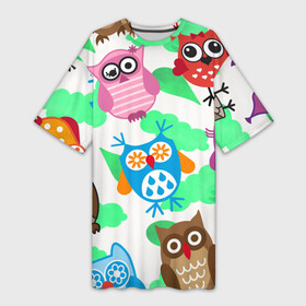 Платье-футболка 3D с принтом Весёлые цветные совята в Курске,  |  | Тематика изображения на принте: глаза | зеленый | листок | птица | синий | сова